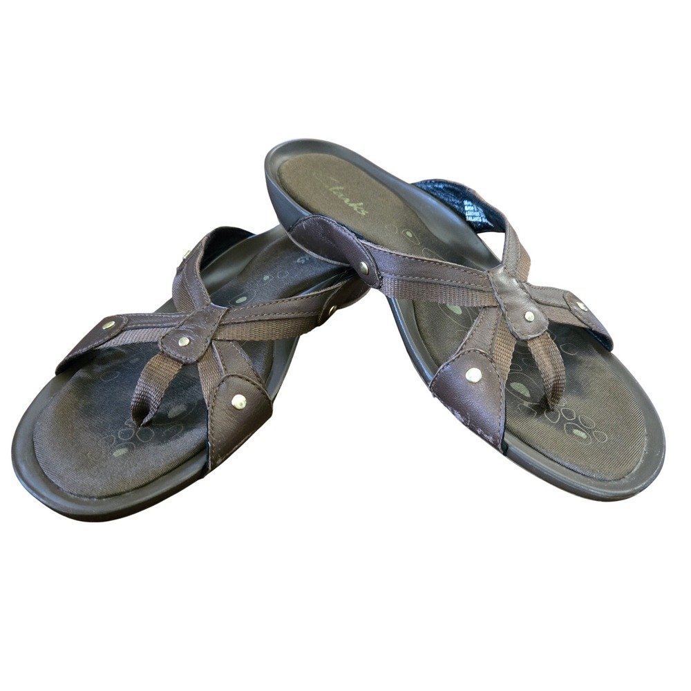 Clarks Bray Breeze Womens Brown Leather Thong Sandals  Size 7.5 M Comfort Slides